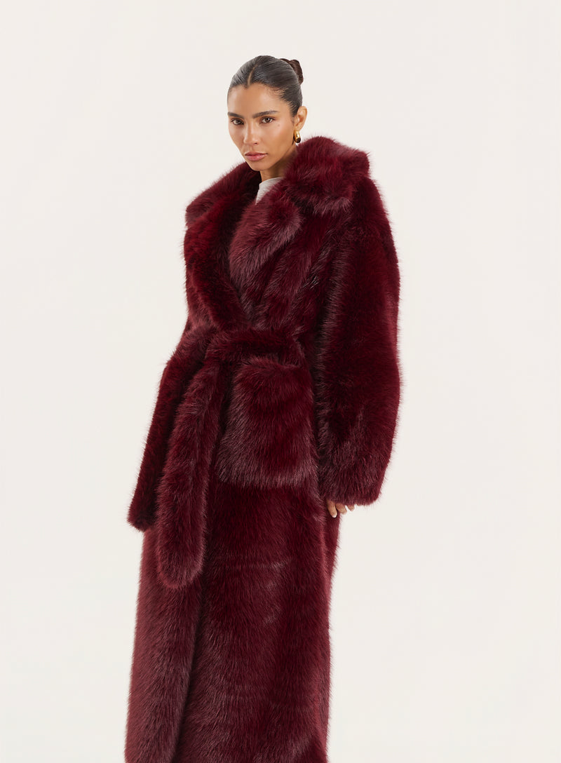 Burgundy Faux Fur Belted Longline Coat- Schiffer