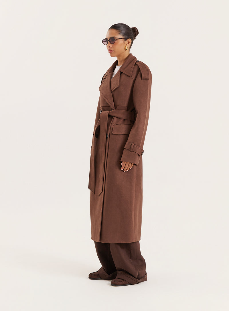 Brown Faux Suede Belted Trench Coat- Wallace