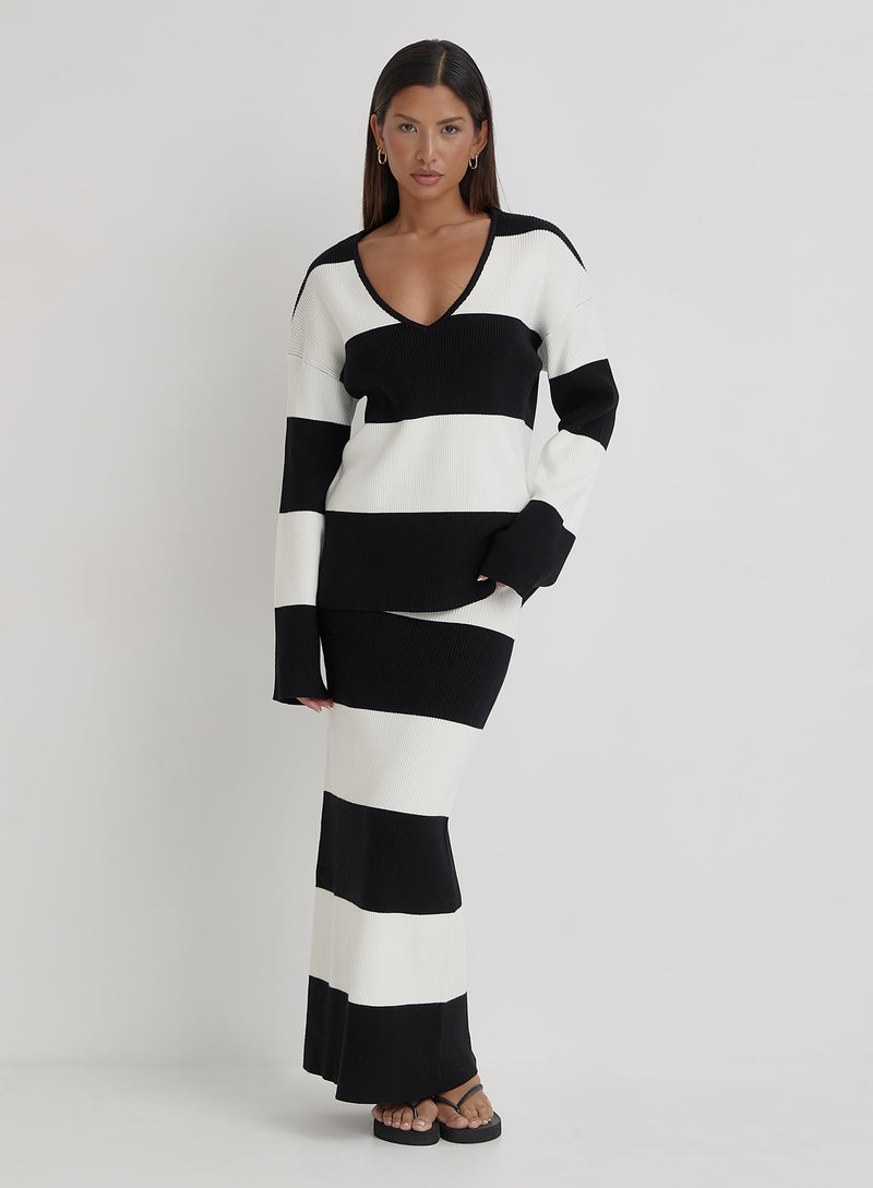 Black And Cream Stripe Knitted Maxi Skirt- Jacqueline