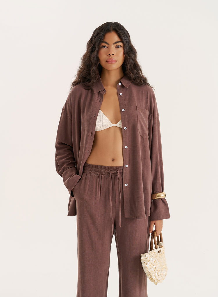 Chocolate Linen Blend Oversized Shirt- Anna