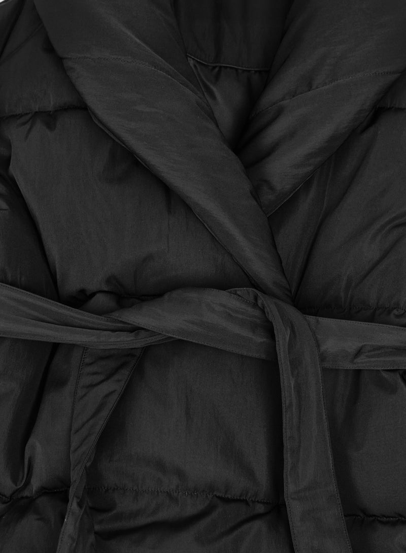 Black Wrap Waist Belted Puffer Coat