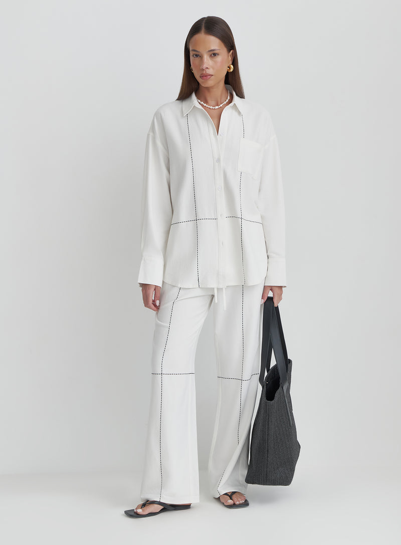 Off White Contrast Stitch Linen Oversized Shirt- Genevive