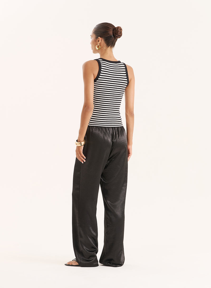 Black Satin Tie Waist Wide Leg Trouser- Shelby