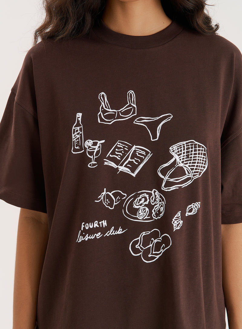 Brown Illustration Print Oversized T-Shirt- Benni