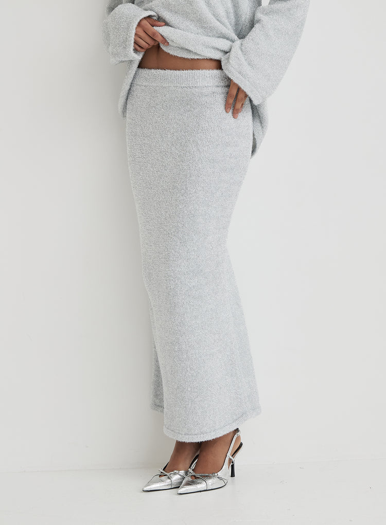 Silver Tinsel Knit Maxi Skirt- Oaklyn