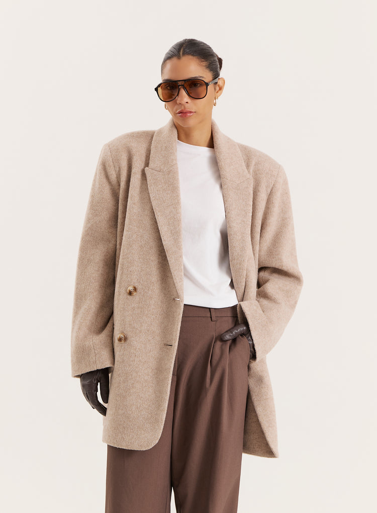 Oatmeal Longline Double Breasted Oversized Blazer- Floriana