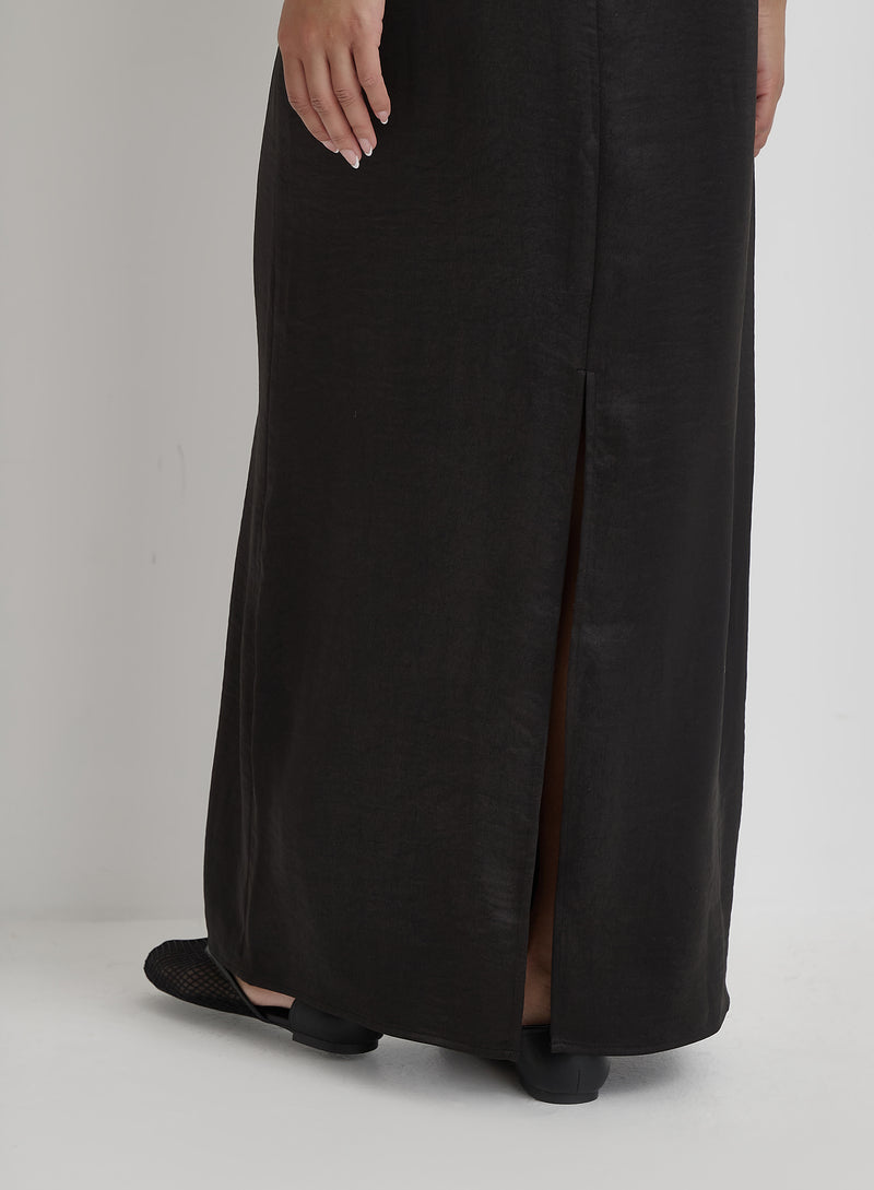 Black Satin Back Split Maxi Skirt- Alis