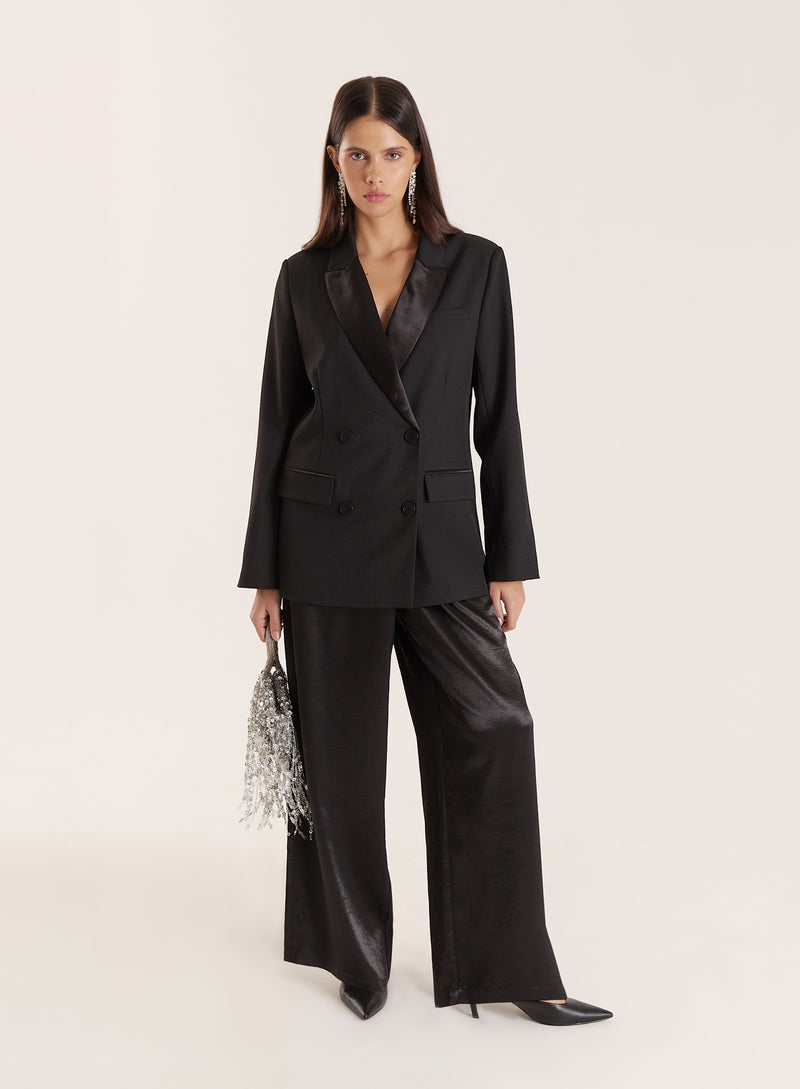 Black Pleated Waistband Wide Leg Satin Trousers- Francoise