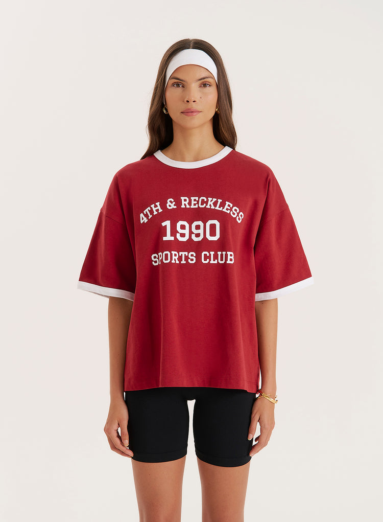 Red Contrast Trim Slogan T-Shirt- Kayleigh