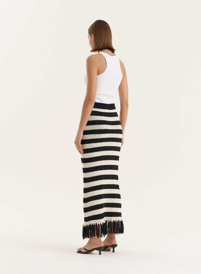 Striped Knitted Tassel Trim Maxi Skirt- Lauryn