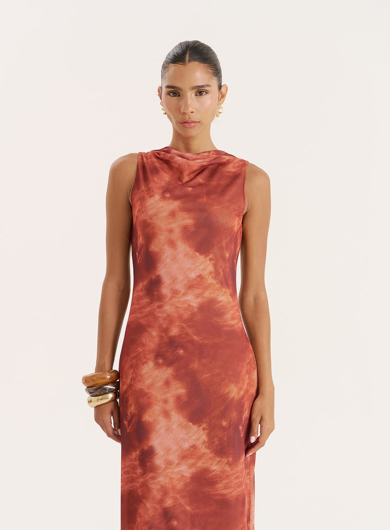 Rust Print High Neck Sleeveless Maxi Dress- Becka