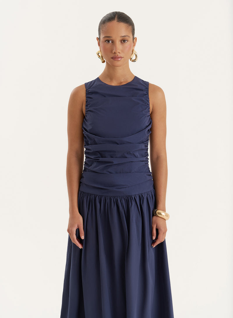 Navy Cotton Poplin Drop Waist Maxi Dress- Zendaya