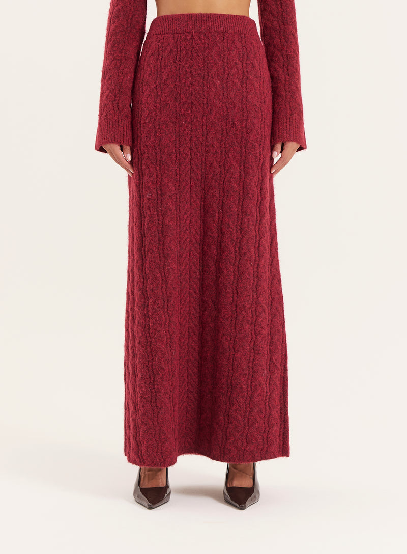 Burgundy Cable Knitted Maxi Skirt- Dalia