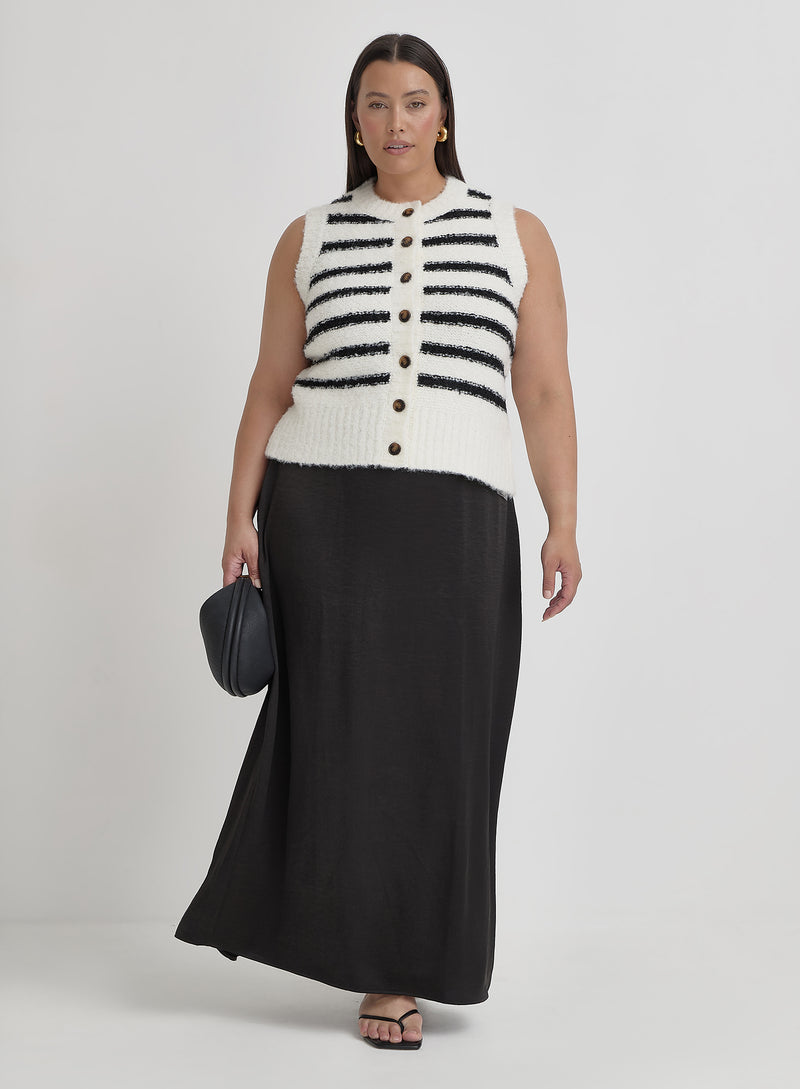 Black And Cream Plus Size Stripe Knitted Waistcoat- Daphie