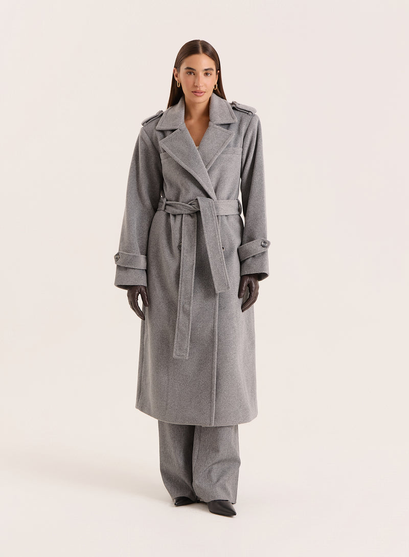 Grey Tailored Belted Longline Coat- Anderson