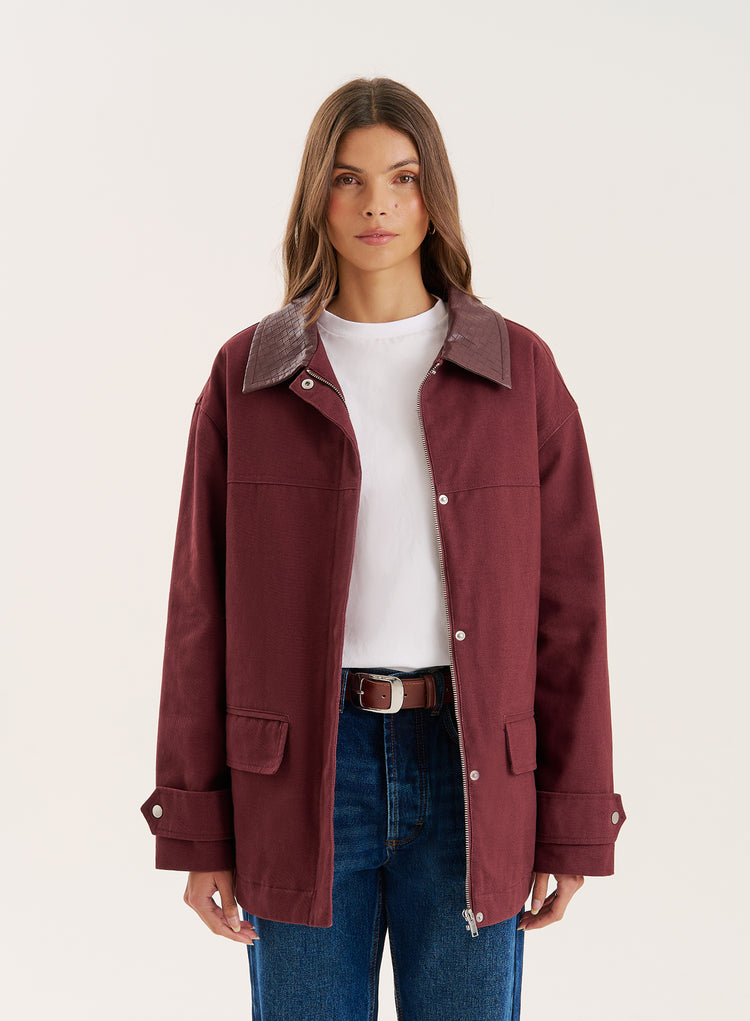 Burgundy Front Pocket Barn Shacket- Sutton