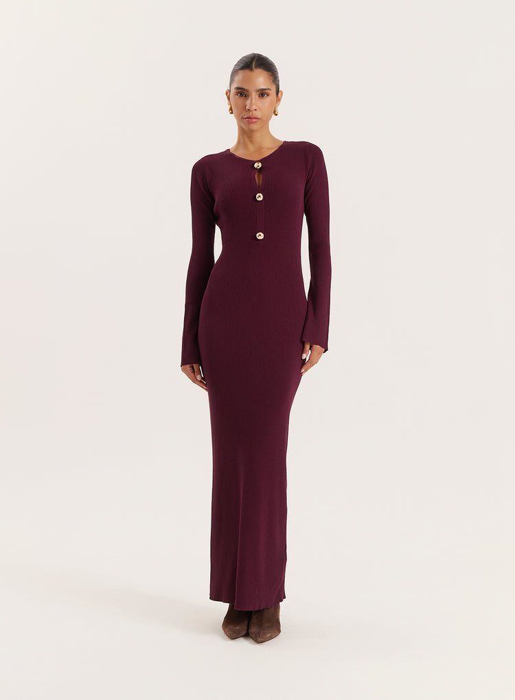 Plum Cut-out Flare Sleeved Knitted Maxi Dress- Rita