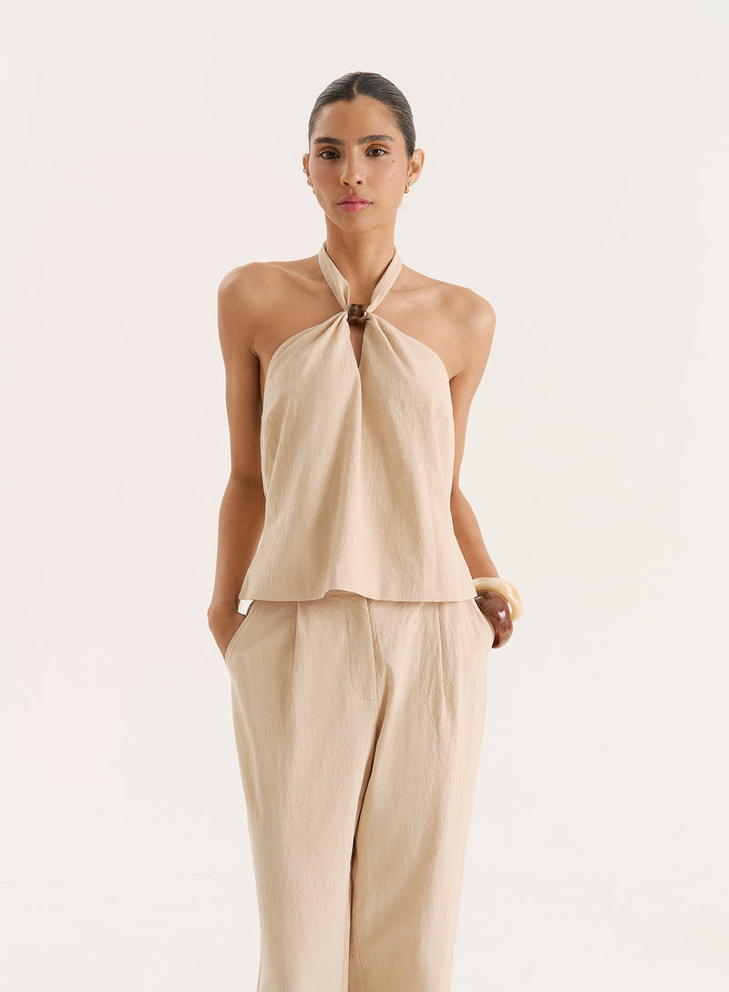 Beige Cotton Halterneck Bead Detail Top- Vivian