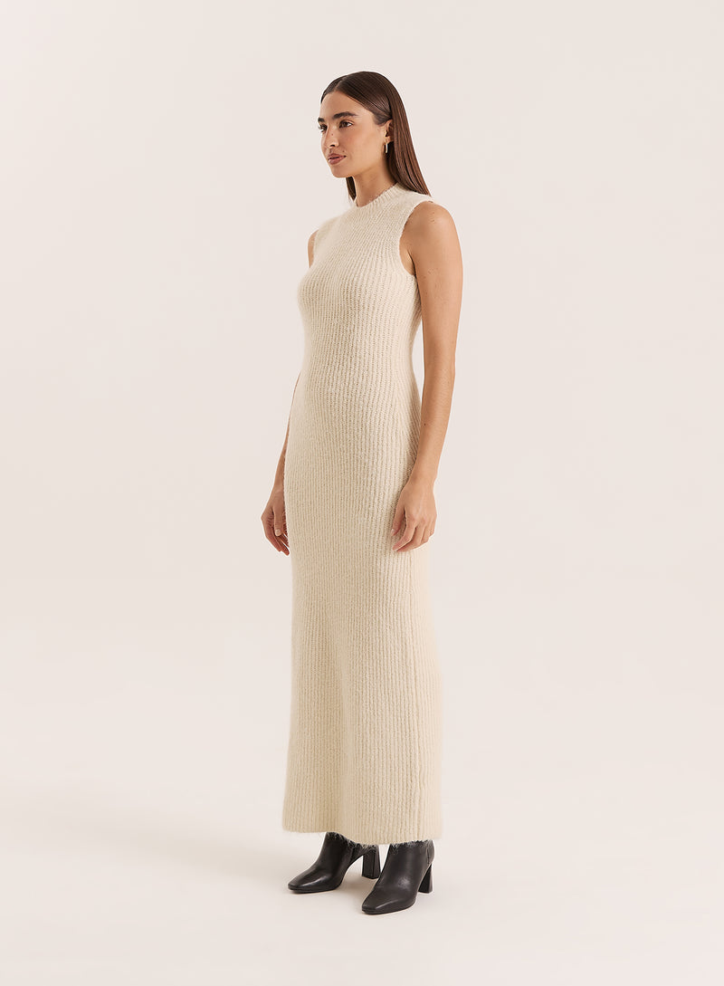 Beige High Neck Knitted Sleeveless Dress- Gillian