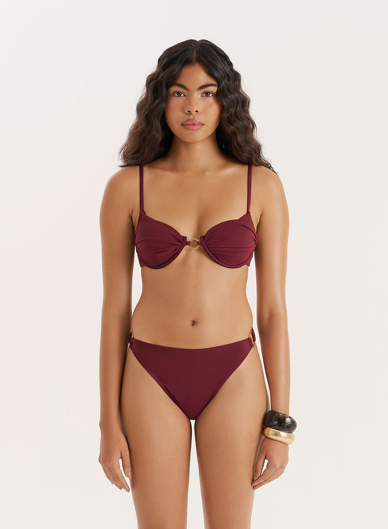 Burgundy Gold Buckle High Leg Bikini Bottom- Mahli