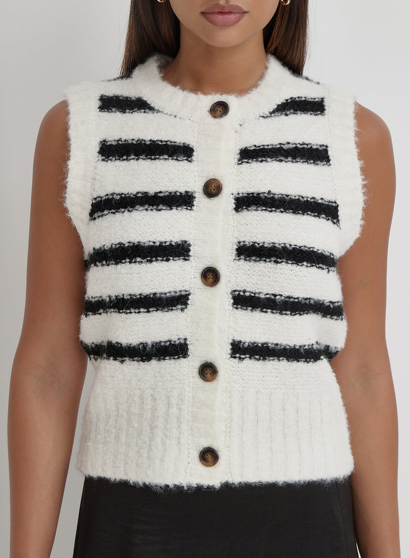 Black And Cream Stripe Knitted Waistcoat- Daphie