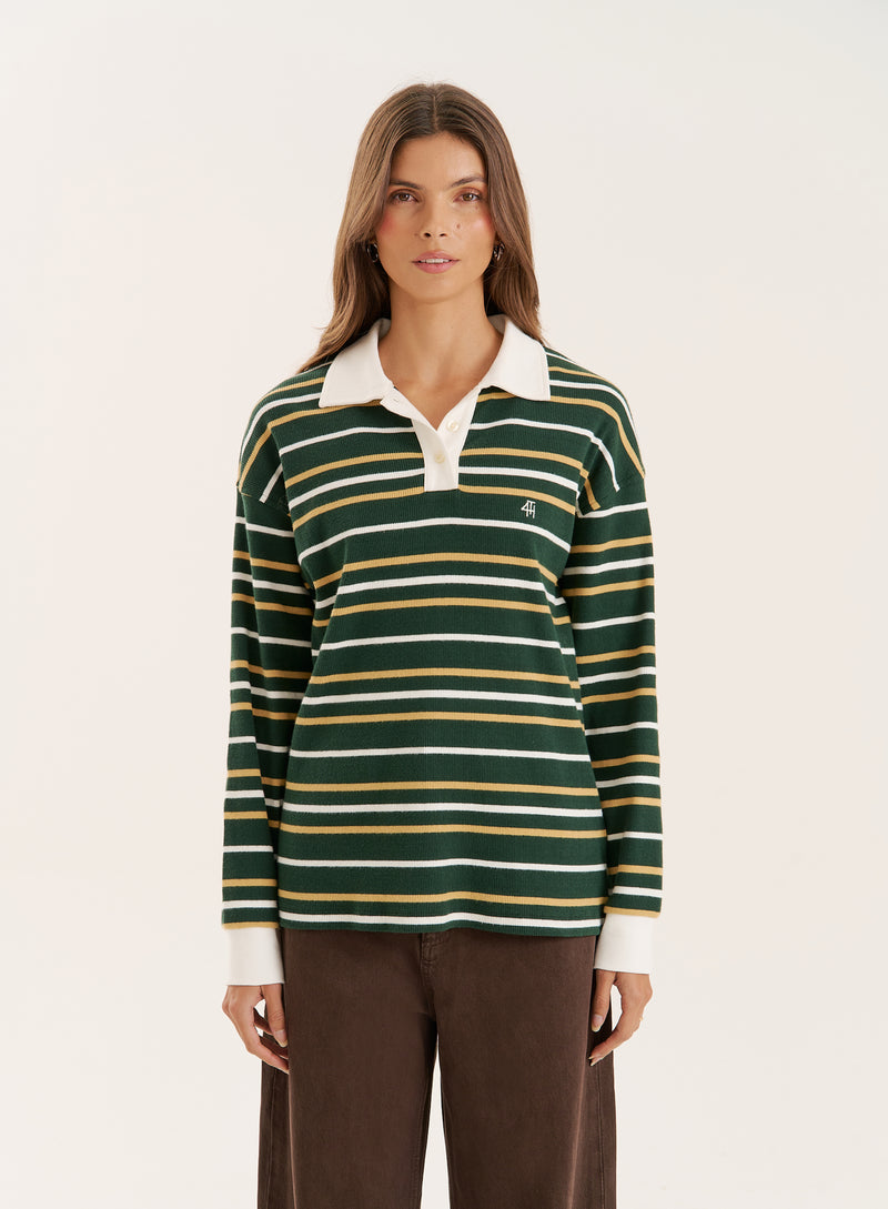 Green Striped Contrast Collar Rugby Top- Chelsea