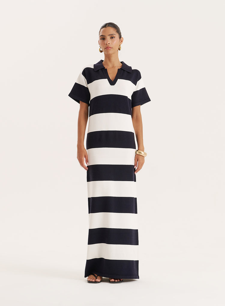 Black And White Stripe Knitted Rugby Maxi Dress- Esme