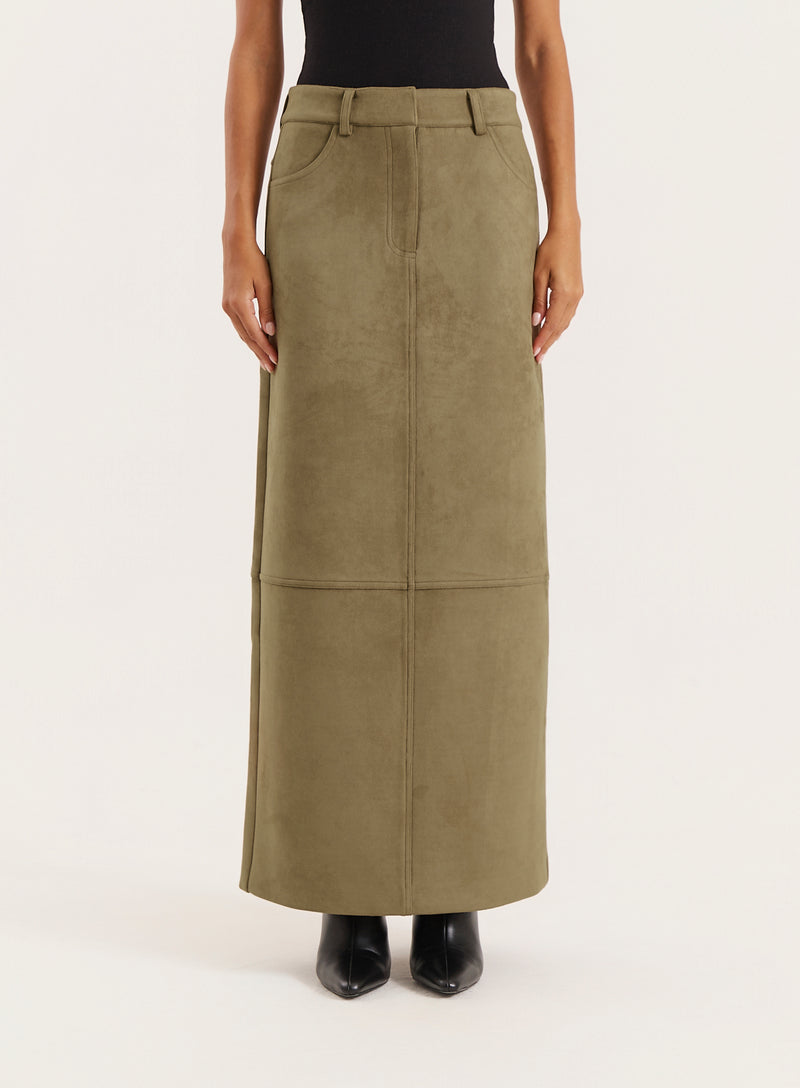 Olive Faux Suede Maxi Skirt