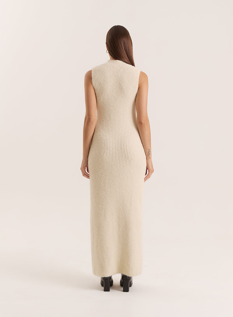 Beige High Neck Knitted Sleeveless Dress- Gillian