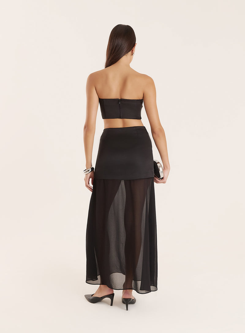 Black Embellished Mesh Hem Midi Skirt- Nobu