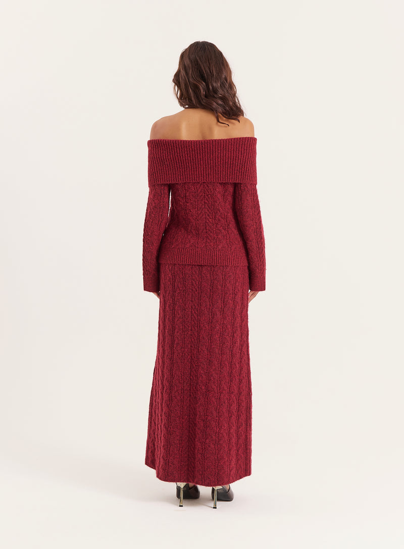 Burgundy Cable Knitted Maxi Skirt- Dalia