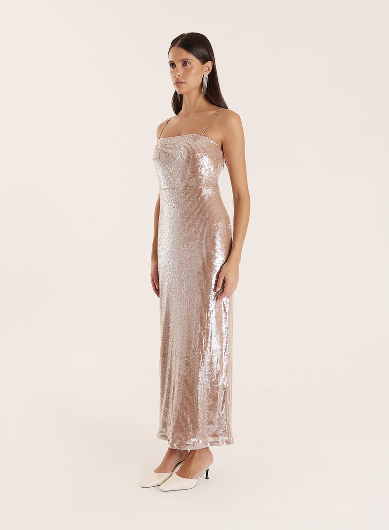 Nude Sequin Maxi Slip Dress- Norma