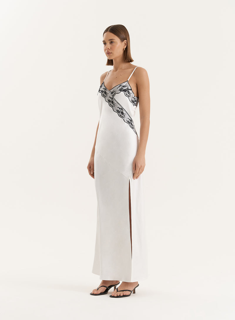 White Lace Detail Satin Slip Maxi Dress- Merida