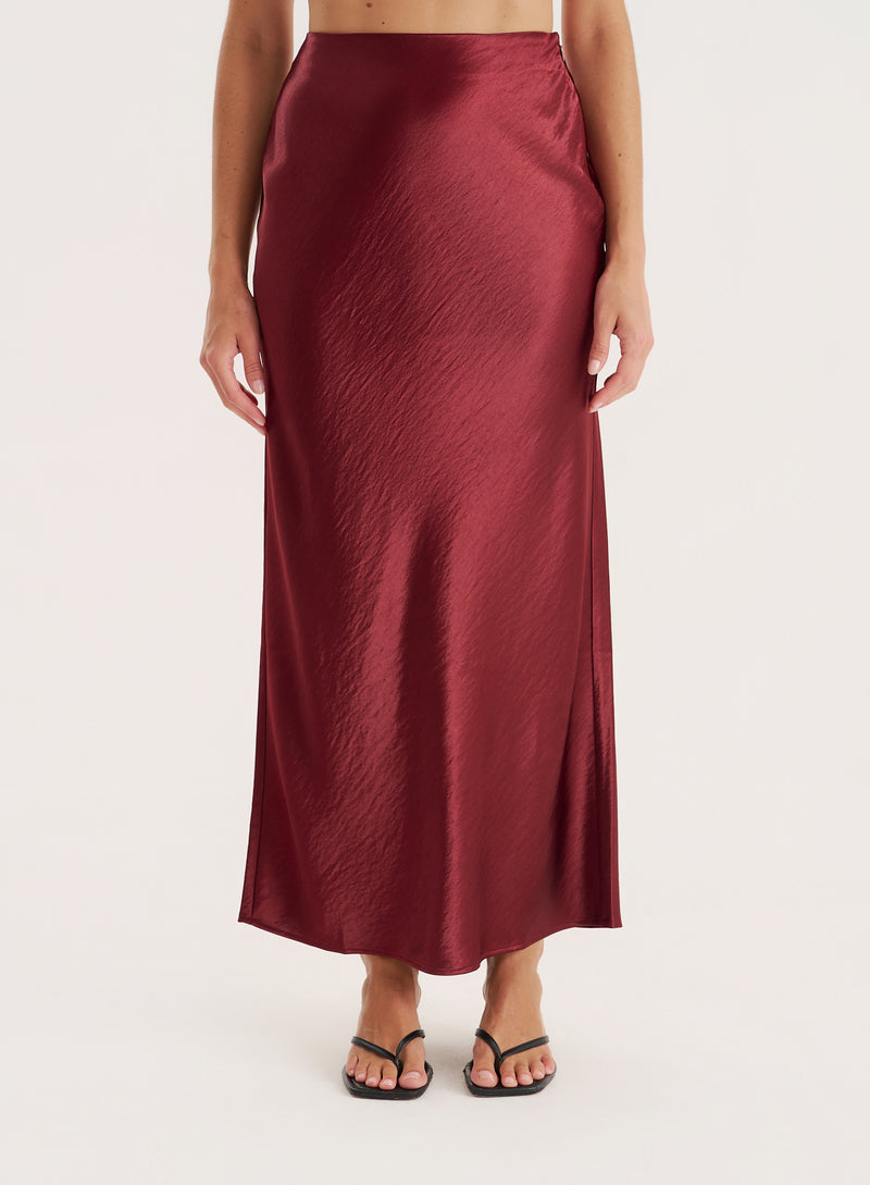 Burgundy Satin Maxi Skirt- Novah