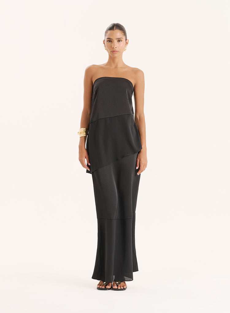 Black Satin And Chiffon Maxi Skirt- Marcia