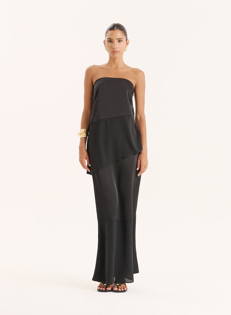 Black Satin And Chiffon Maxi Skirt- Marcia