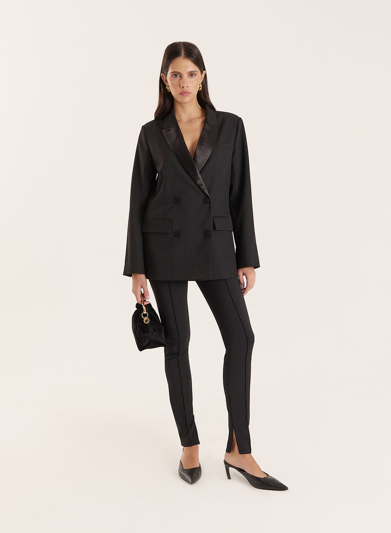 Black Satin Lapel Double Breasted Tuxedo Blazer