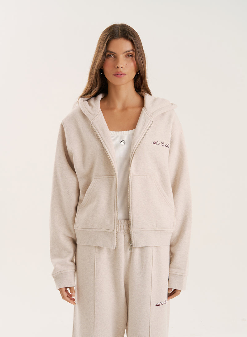 Oatmeal Script Logo Detail Zip Hoodie-Collena