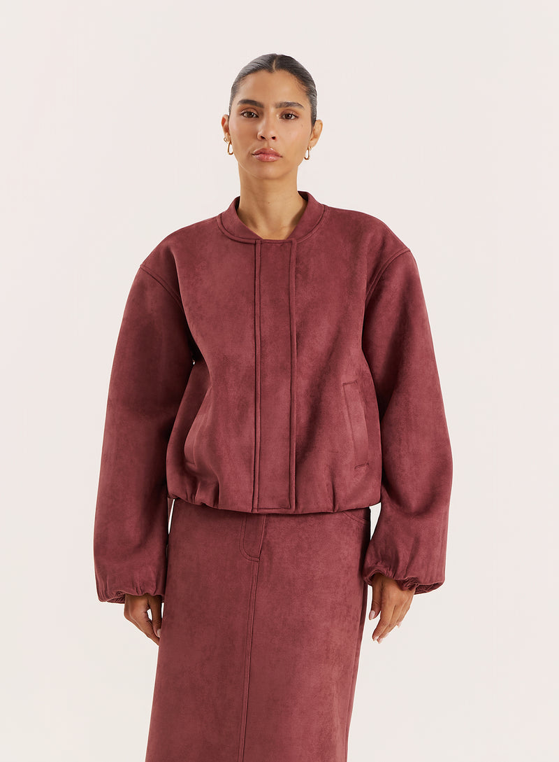 Plum Faux Suede Bomber Jacket- Lorna
