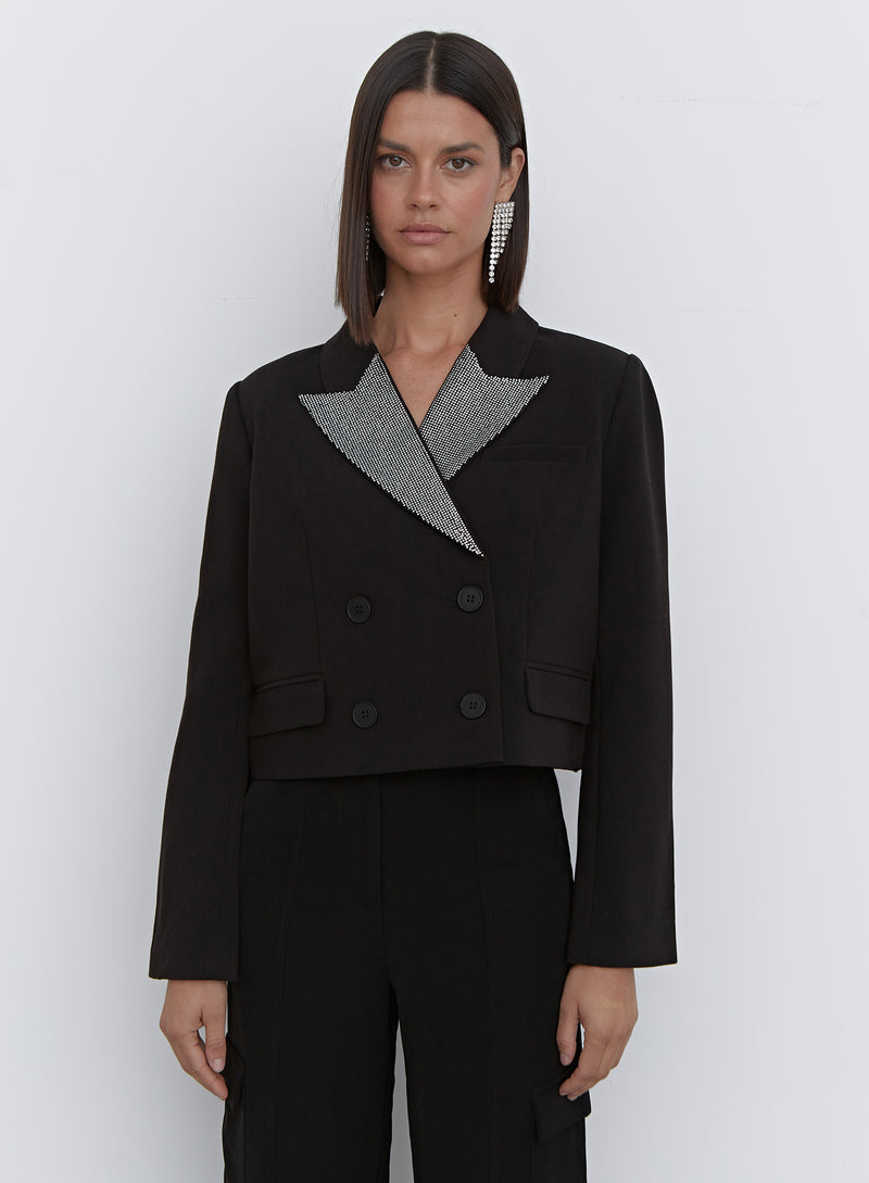 Black Diamante Collar Cropped Blazer - Tabitha