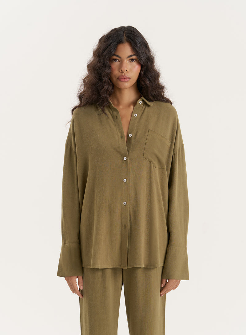 Olive Linen Blend Oversized Shirt- Anna