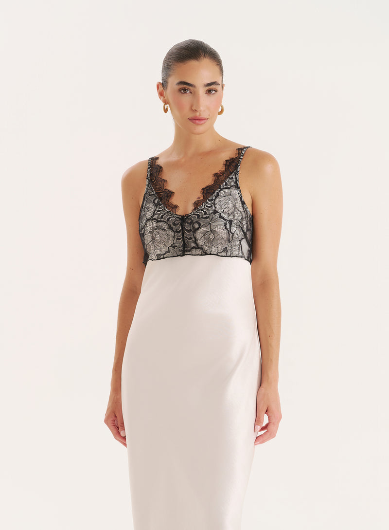 Cream Satin Lace Trim Maxi Dress- Smythson