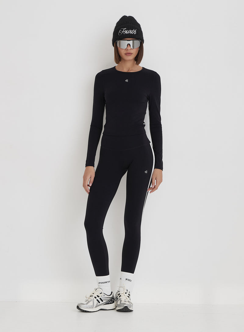 Black 4th Branded Contrast Piping Long Sleeve Top- Indra