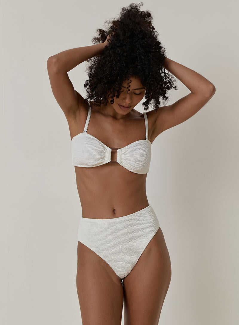 White Crinkle High Waist Bikini Bottom- Lulu