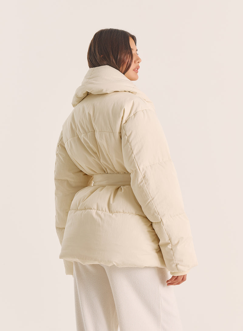 Cream Wrap Waist Belted Puffer Coat
