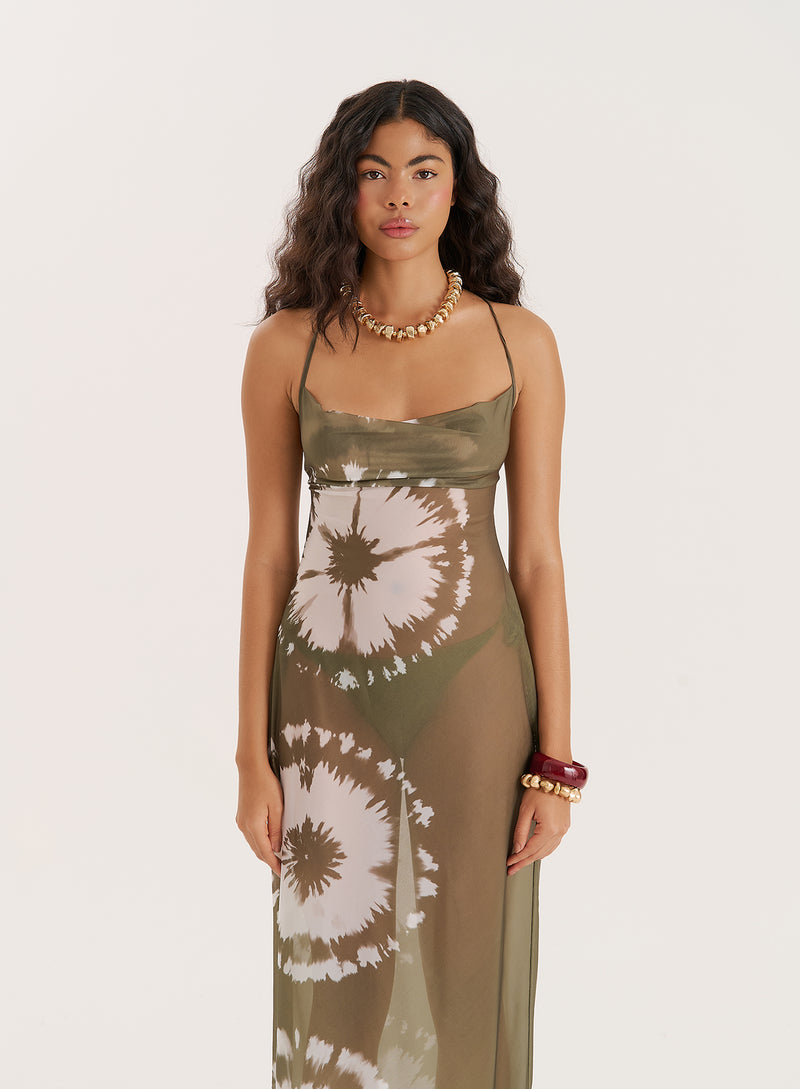 Green Tie Dye Mesh Maxi Dress- Solea