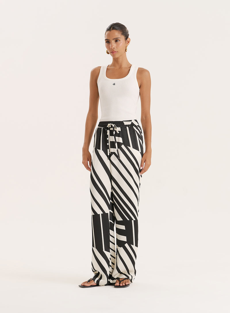Black And White Abstract Print Satin Trouser- Amira