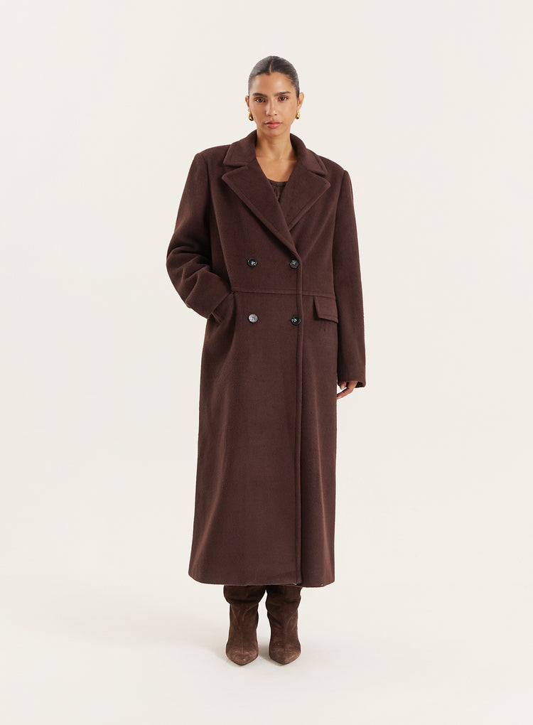 Chocolate Wool Double-Breasted Coat- Melia