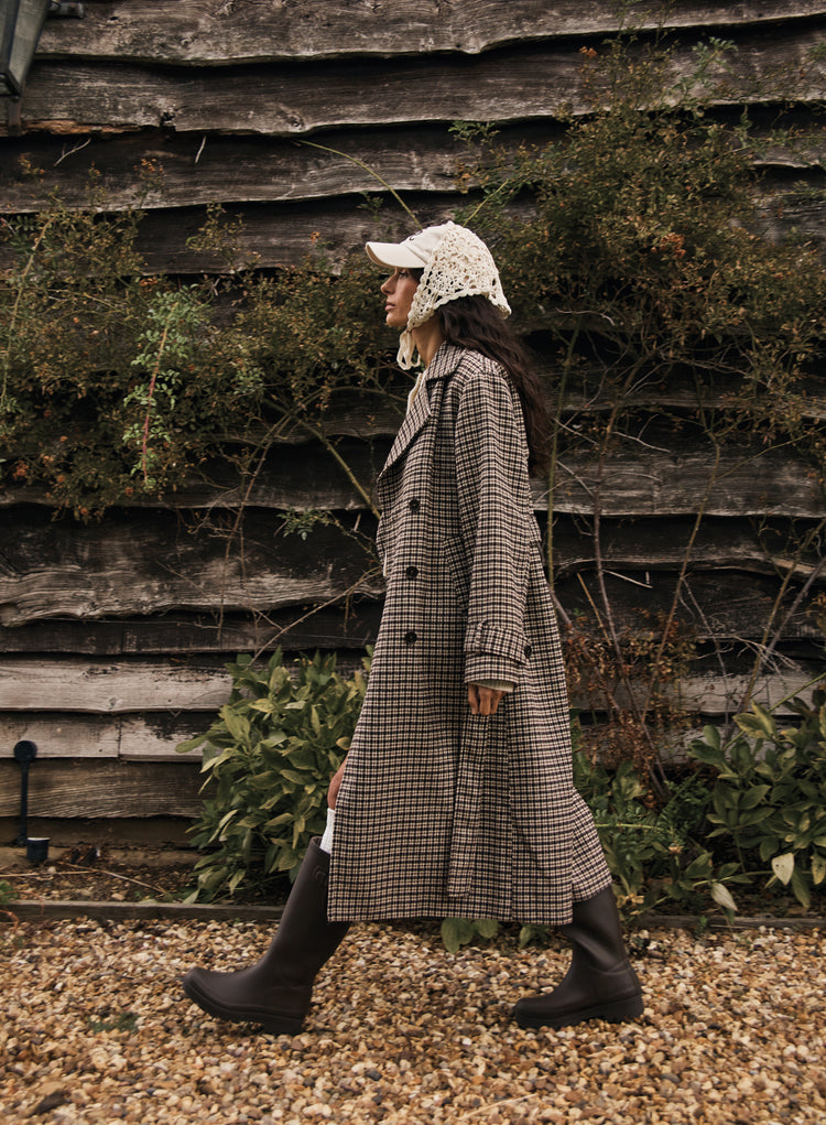 Brown Checked Belted Wool-Blend Trench Coat- Tabi