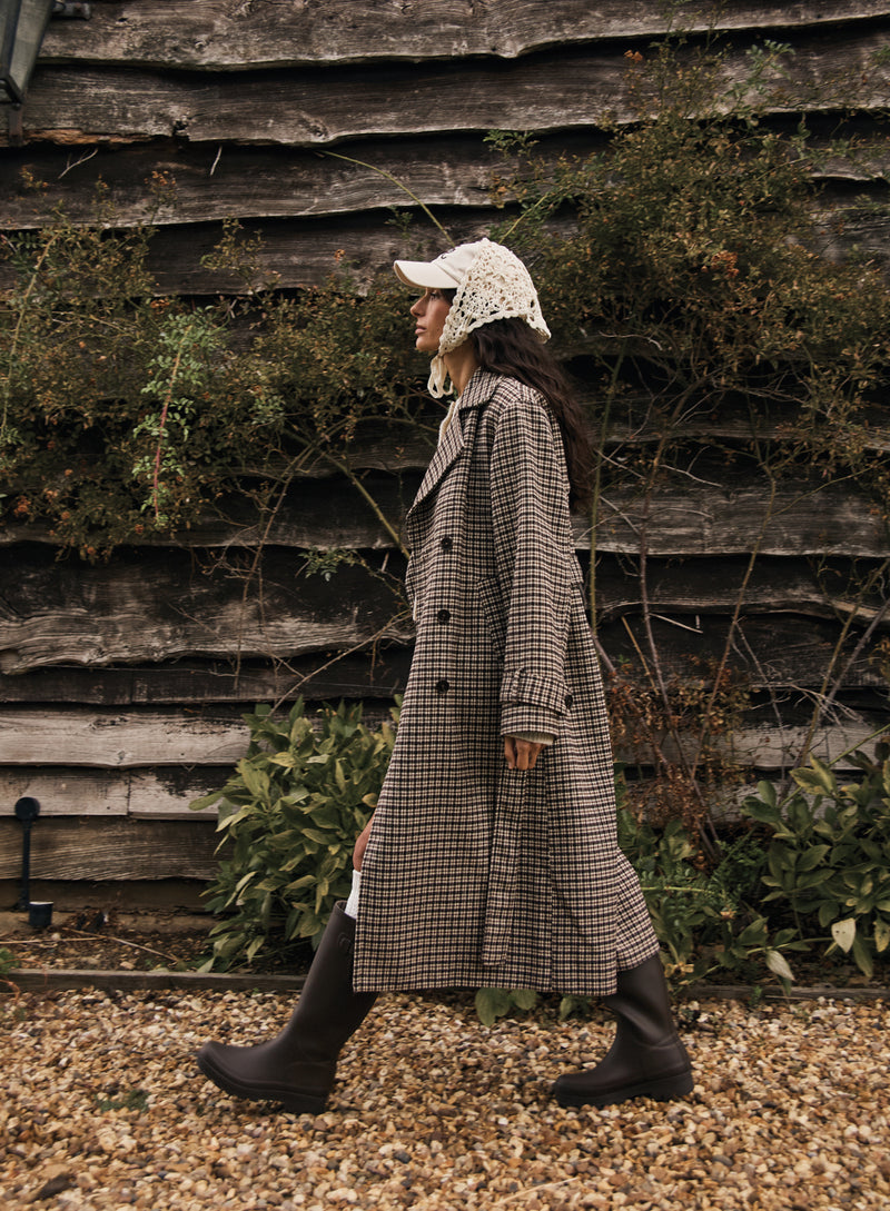 Brown Checked Belted Wool-Blend Trench Coat- Tabi